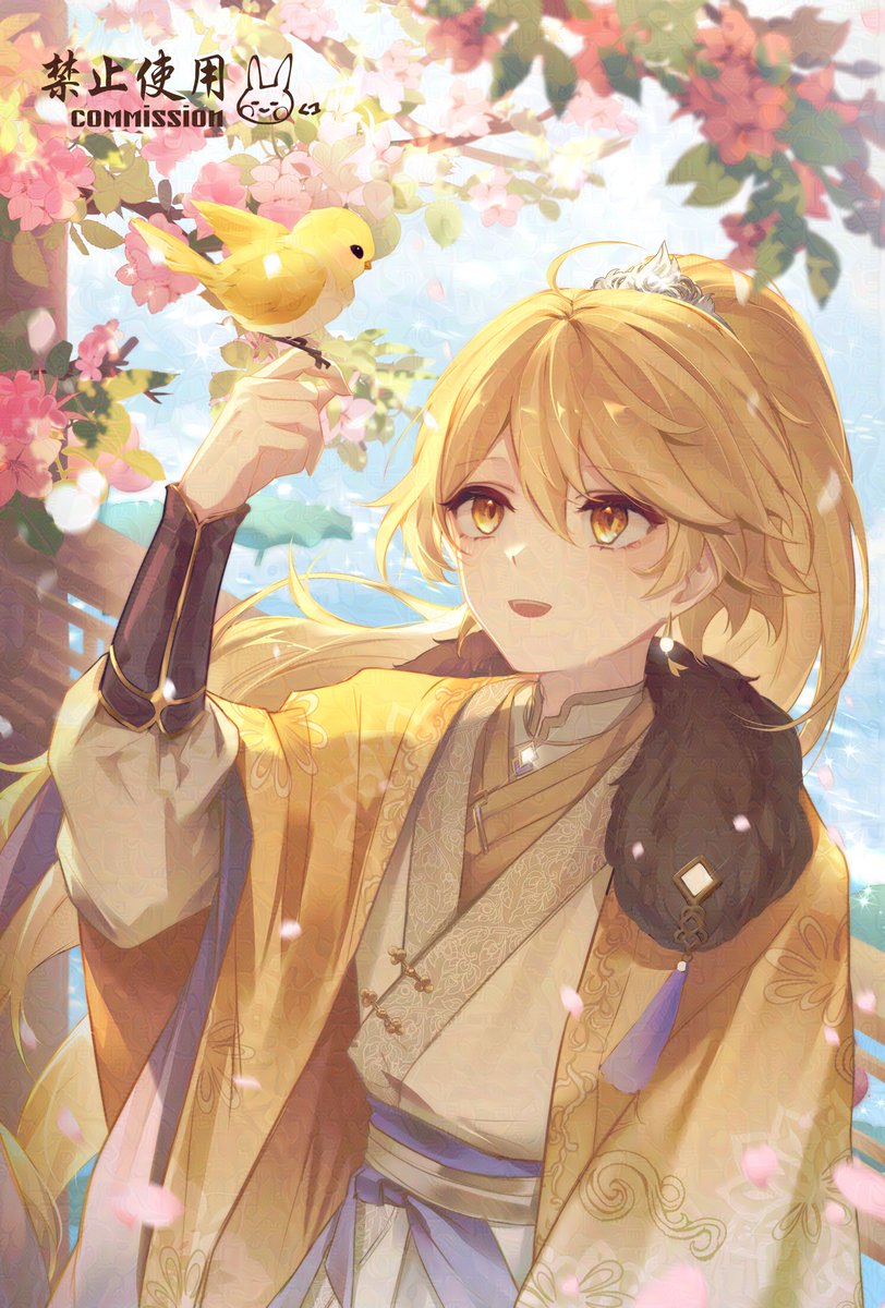 aether (genshin impact) blonde hair 1boy male focus jewelry yellow eyes earrings long hair  illustration images