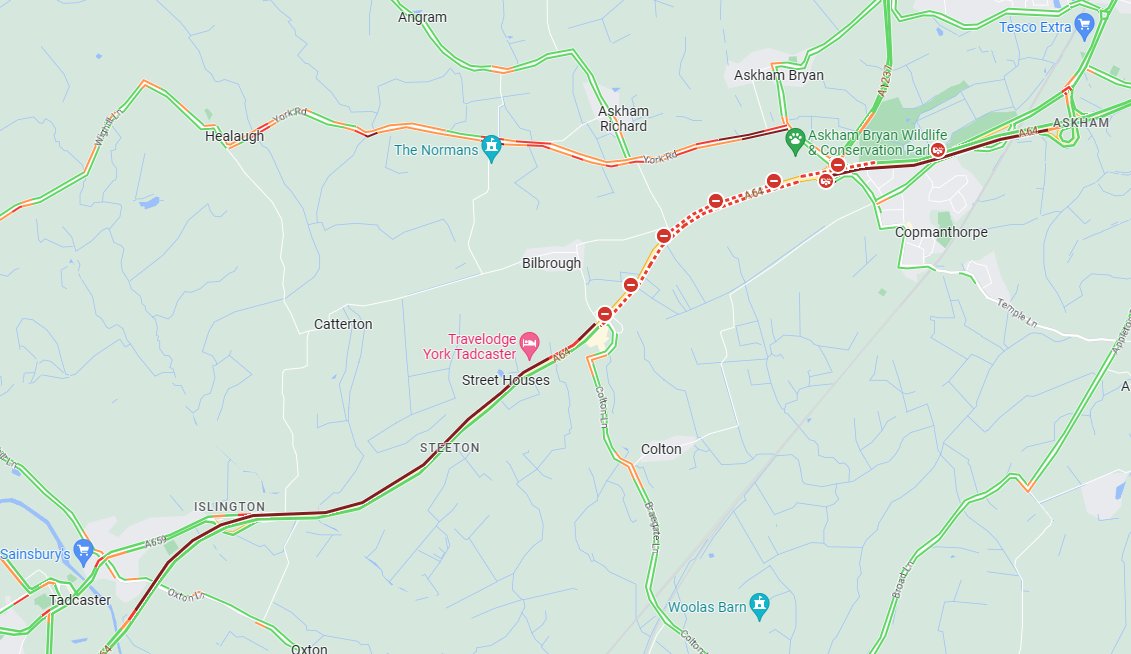 A64 closed due to accident between Bilbrough Top and Copmanthorpe. Queues back to Tadcaster