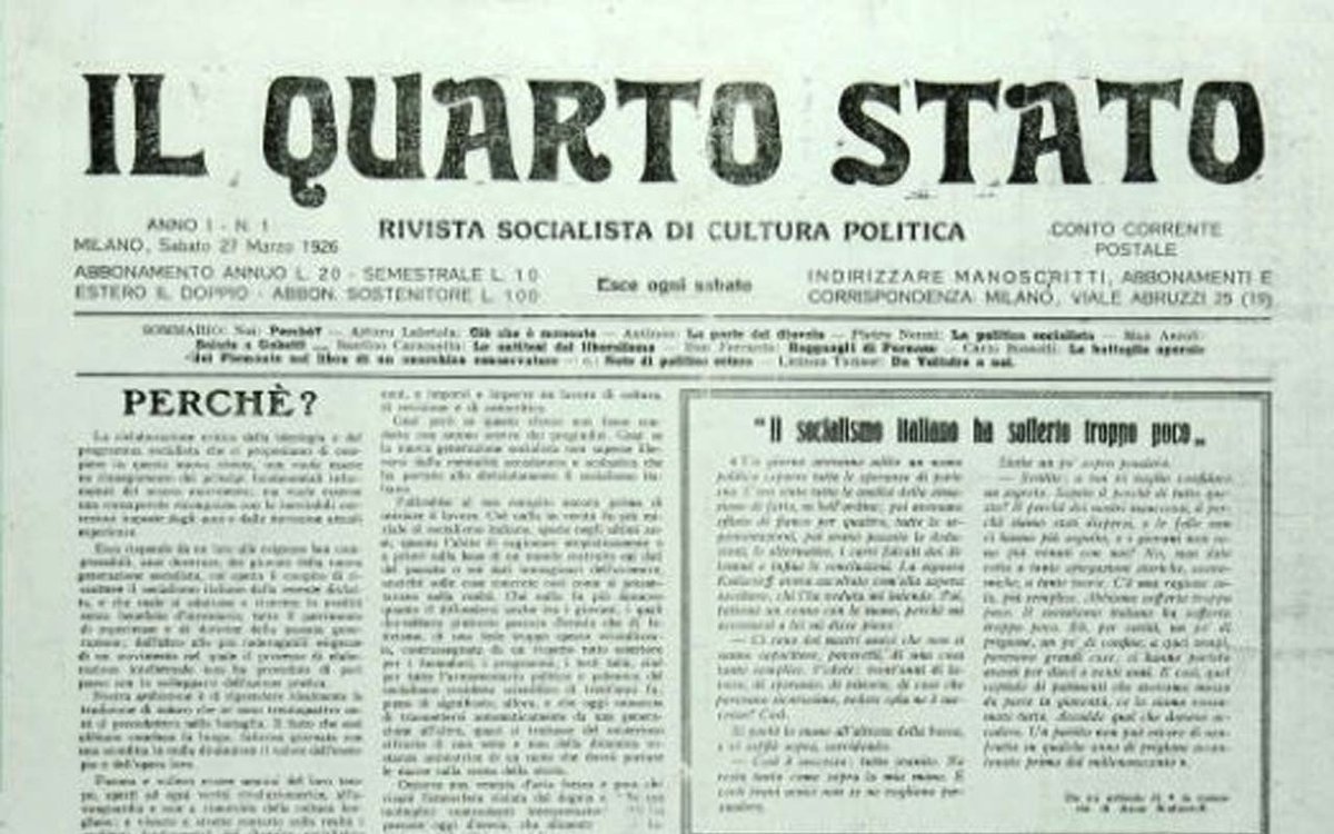 mariobianchi18's tweet photo. Il #27marzo 1926 usciva a Milano #IlQuartoStato, settimanale socialista di attualità politica. Nome mutuato dal quadro di Pellizza da Volpedo. Fondato da Nenni e C. Rosselli, che ne furono i direttori. Tra i collaboratori Lelio Basso e Saragat. Ebbe vita breve: chiuse il 30/10. https://t.co/c0VPUciW5R