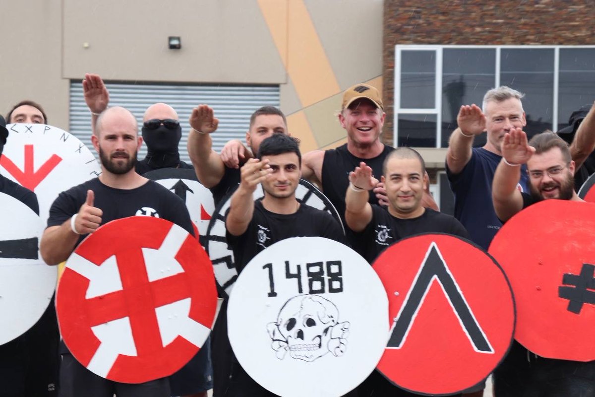 WhiteRoseSocAU's tweet photo. Do you recognise any of these young neo-Nazis who were posing for a photograph outside Legacy Boxing Gym on 25 March, after their children's arts and crafts hour making paper plate shields to defend their playground? Please DM or e-mail thewhiterosesociety@protonmail.com. https://t.co/KUrFbvVOmb