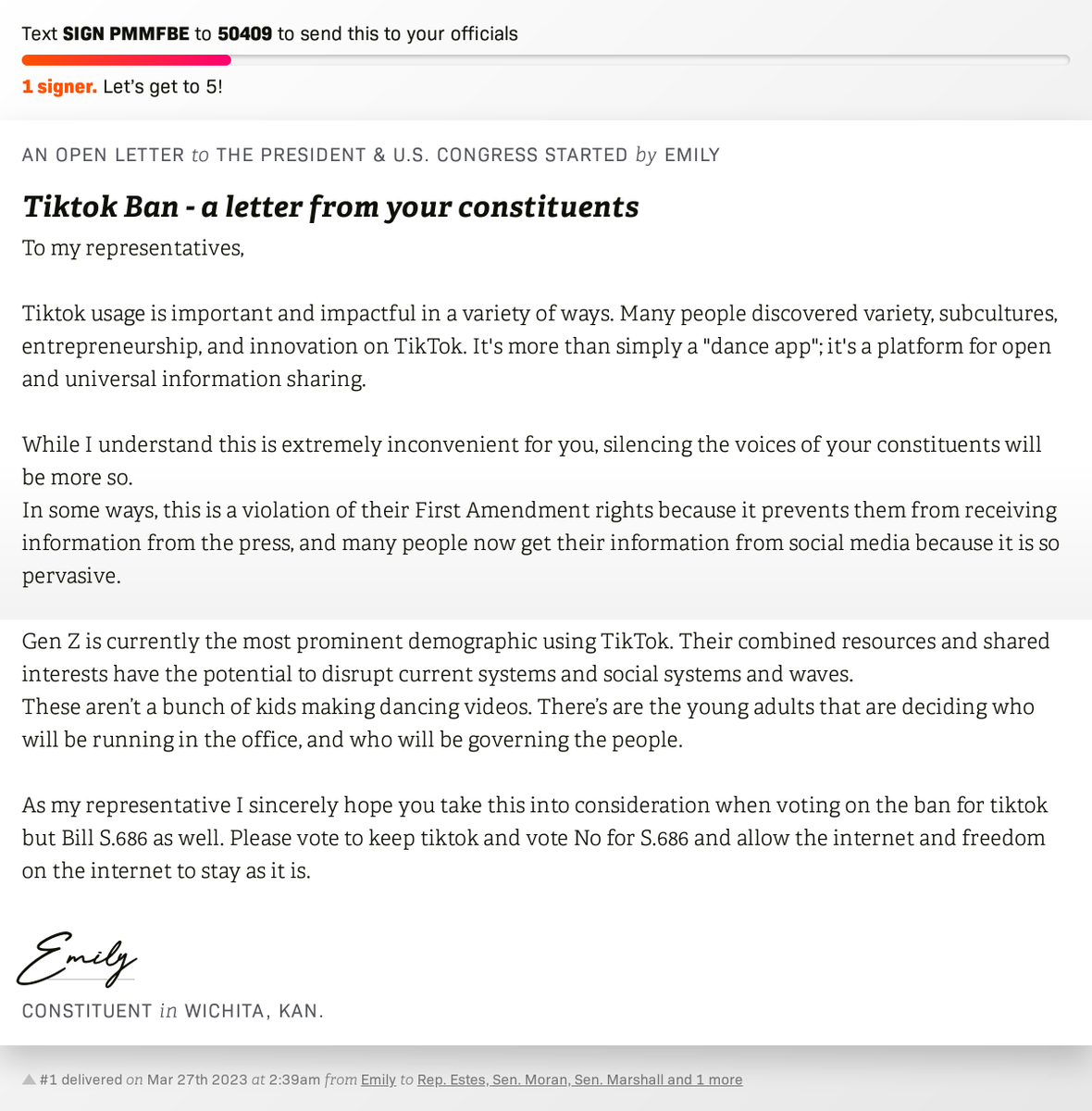 openletterbot's tweet photo. ๐ Sign Tiktok Ban - a letter from your constituents and I'll deliver a copy to your officials: https://t.co/FeOwkyPTiv ๐จ No. 1 is from Emily to @RepRonEstes, @JerryMoran, @SenatorMarshall and 1 more #KSpolitics #KSpol #KSpoli https://t.co/gE3W3Rl7R2