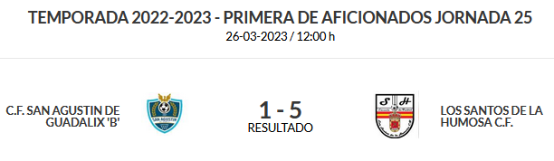 Victoria de <a href="/LosSantosCF2017/">Los Santos CF</a> ante <a href="/CF_SanAgustin/">CF San Agustín</a> B por 1-5.

Victoria balsámica del equipo Santero para olvidar las 2 derrotas ante los 2 primeros clasificados y volver a meterse a 2 puntos de posición de acenso.

Un hattrick de Juan Rojo, Marquez y Galera autores de los goles