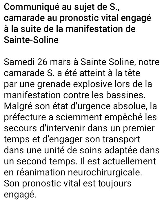 lessoulevements's tweet photo. Des camarades et ami•es de la personne blessée à #SainteSoline, toujours entre la vie et la mort, ont rédigé ce texte, qu'iels souhaitent diffuser le plus possible. Iels appellent à se rendre massivement dans les rues contre la #ReformeDesRetaites à partir de mardi 28 mars. https://t.co/xE2YDxphTo