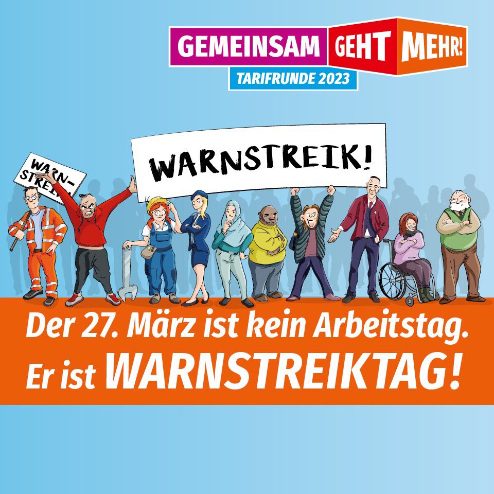 Die Gewerkschaften <a href="/_verdi/">Ver.piss.di</a> und <a href="/DeineEVG/">EVG</a> haben die Beschäftigten im Verkehrsbereich für heute zum #Streik aufgerufen: ÖPNV, Regional- und Fernverkehr, Flughäfen, Wasserstraßen und die Autobahngesellschaft. Sie haben unsere volle Solidarität.
#zusammengehtmehr #gemeinsamgehtmehr