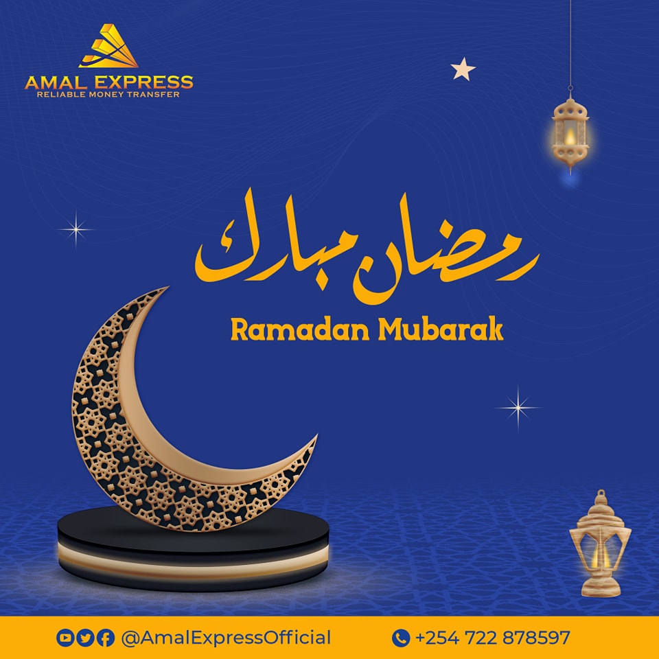 AmalExpressHQ's tweet photo. Ramadan Mubarak 
Dhamaan Macaamiisha Xawaalada @AmalExpressHQ iyo Muslimiinta kaleba Waxaan idin leenahay Ramadaan Mubarak meel walba oo aad caalamka ka joogtaan.
#RamadanMubarak 
#ramadanoffer 
#amalexpress https://t.co/0IR12ZKfrR