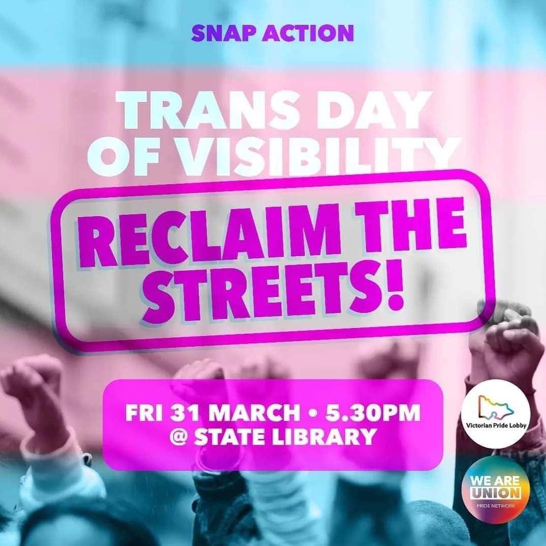 VicPrideLobby's tweet image. Transphobes and Neo-Nazis want us to disappear. They want us to recede back into the margins, and stop pushing for our rights to a dignified life. 

Screw that. We're not going backwards. Join us and @VicUnions this Friday, and reclaim the streets. 

#TDOV23 #TDOV