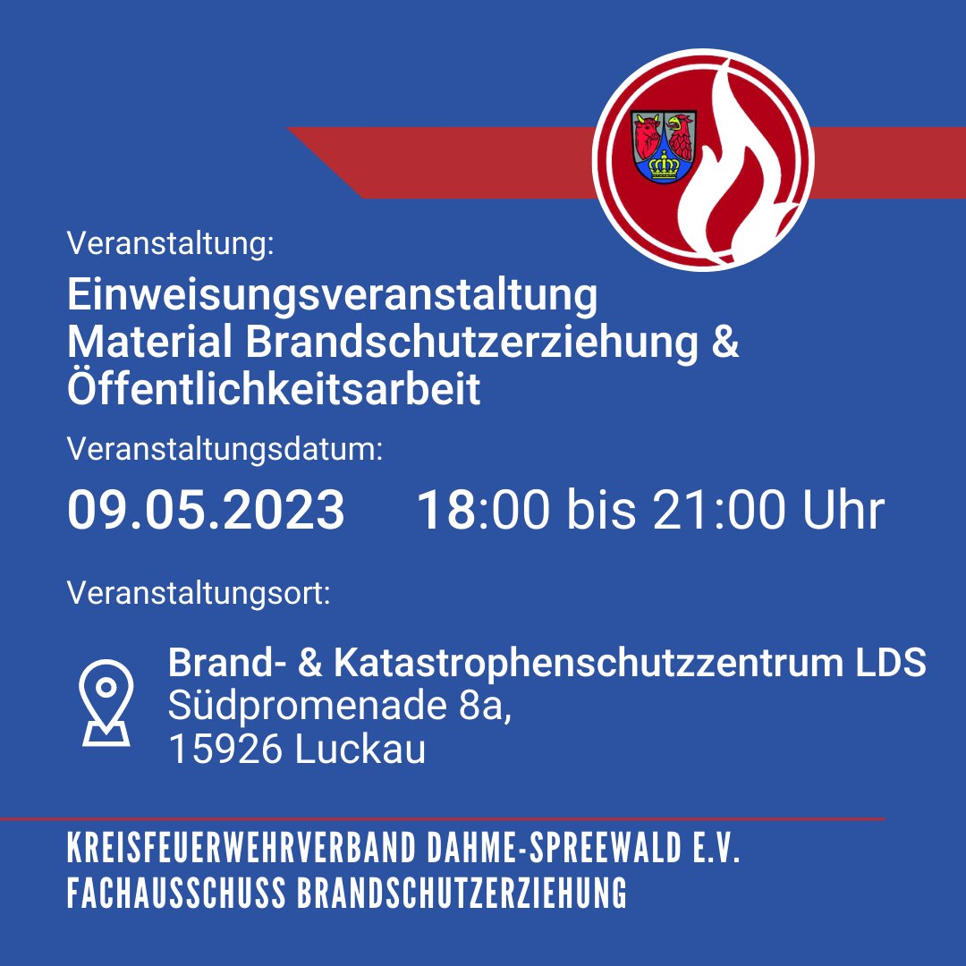 ☑️Einweisungsveranstaltung Material Brandschutzerziehung und Öffentlichkeitsarbeit☑️
👉👉👉09.05.2023 von 18.00 - 21.00 Uhr👈👈👈
Die #Rückmeldung bitte per Mail unter brandschutzerziehung@kfv-lds.de 🙂