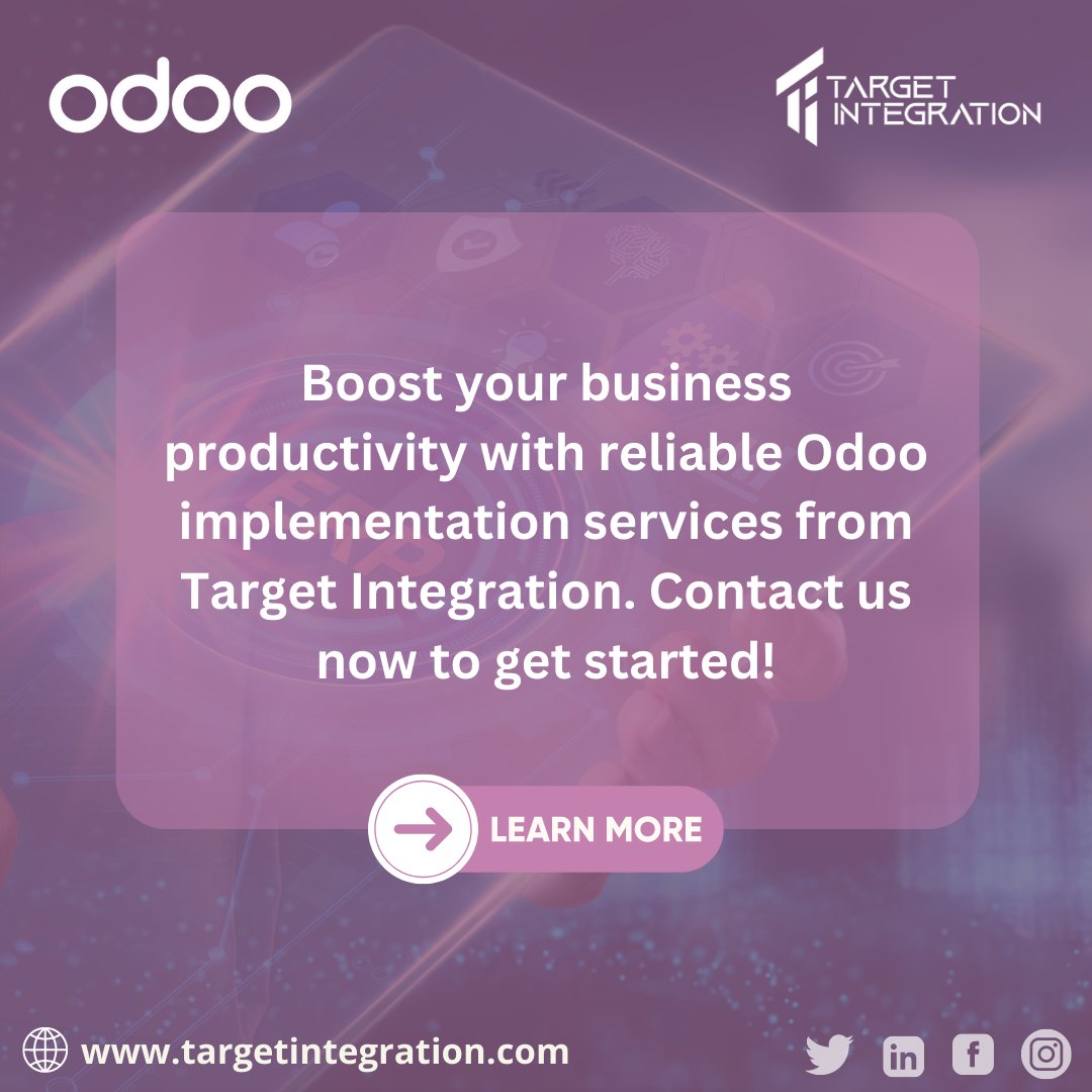TargetInt_IN's tweet photo. Streamline your business processes and boost productivity with reliable Odoo implementation services from Target Integration. #StreamlineProcesses #ProductivityBoost #TargetIntegration #India https://t.co/R5qXAuN1Mm