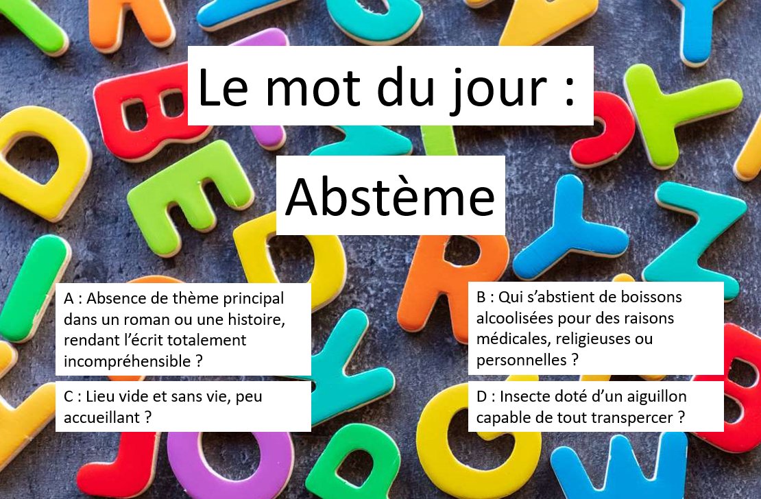 giroudcorrect's tweet photo. Le lundi, c'est le mot du jour.

Abstème, qu'est-ce que ça peut bien vouloir dire ? 

A vous de répondre ci-dessous ;)

#orthographe #français #correction #grammaire https://t.co/ahMwILQIQv
