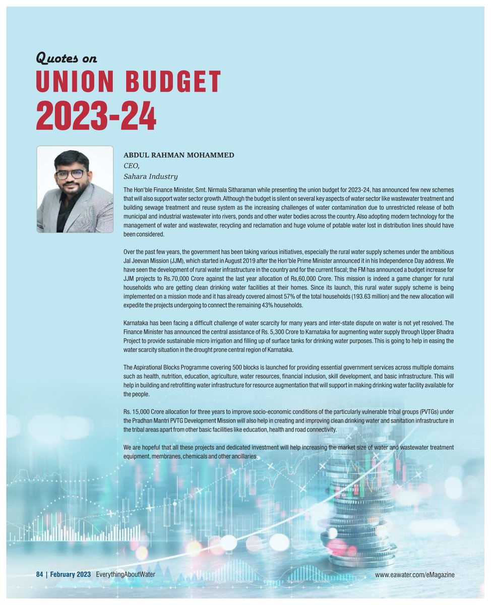 Views on #Budget2023 by Sahara Industry CEO, @iamabdulrehman in @EA_Water Feb'23:
#budget #budget2023 #waterindustry #waterinfrastructure #waterfiltration #watermanagement #watercrisis #waterconsumption #wastewater #wastewatertreatment #waterfiltration #watertreatment #water