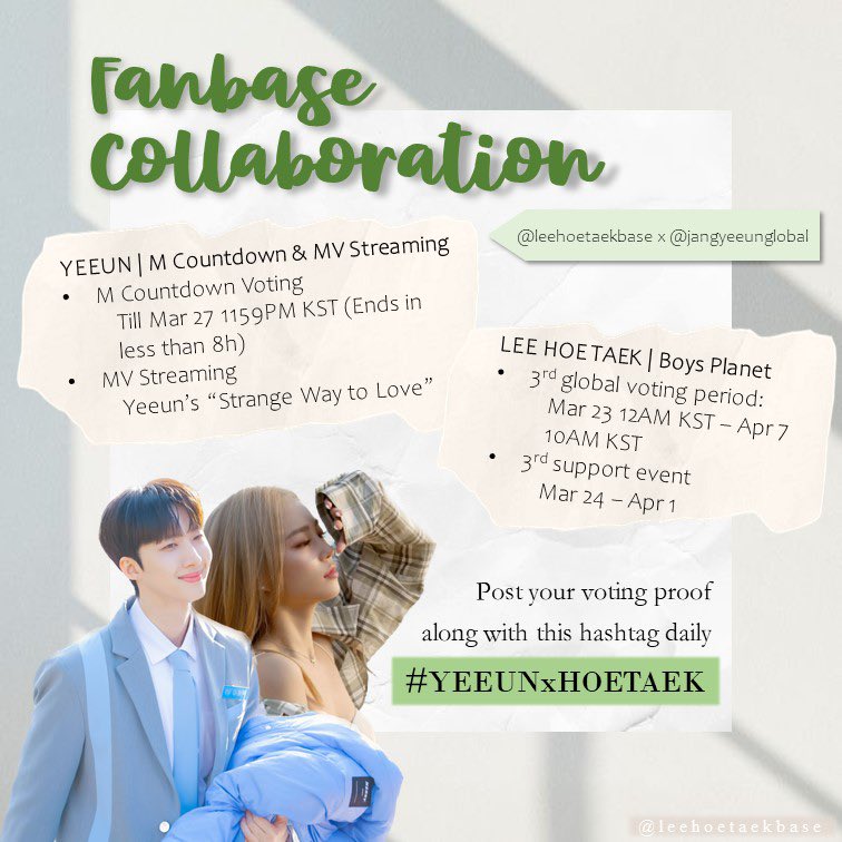 leehoetaekbase's tweet photo. 🌼 KKIKKODANS 🌼

We have a refreshed collaboration ❤️ @leehoetaekbase x @jangyeeunglobal

Please participate in this new collab by following the details given in the posters below!

🌻Hashtag🌻
#YEEUNxHOETAEK

#이회택 #회택 #후이
#LEEHOETAEK #HOETAEK #HUI https://t.co/CyWVNefTMI