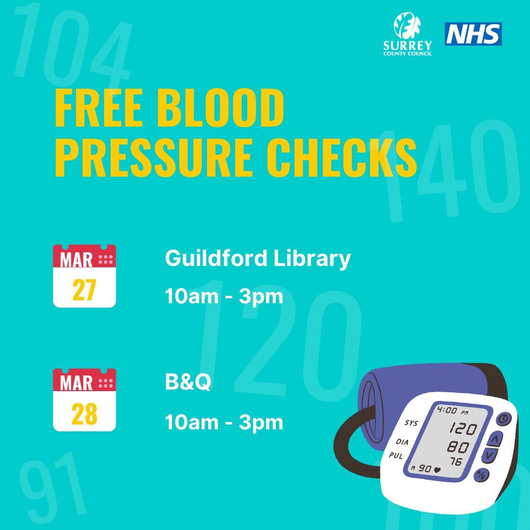 Don't miss out on our FREE blood pressure checks this week!

Getting a check is a quick and simple step to help avoid a heart attack or stroke. No appointment is necessary.

📍<a href="/GuildfordLib/">Guildford Library</a> 
📍<a href="/BandQ/">B&Q</a> Guildford

oneyousurrey.org.uk/healthy-heart-…
