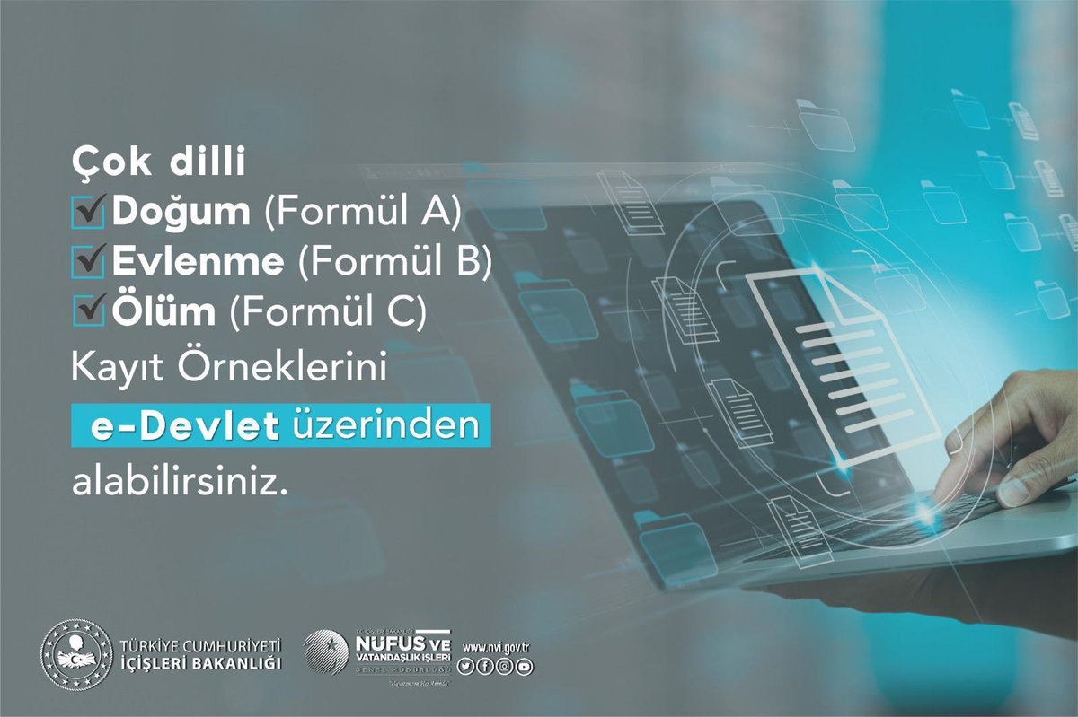 NVİ de bir hizmet daha e-Devlete,

 Çok Dilli,

✅ Doğum (Formül A)

✅ Evlenme (Formül B)

✅ Ölüm (Formül C)

Kayıt örneklerini e-Devlet üzerinden alabilirsiniz.

👉turkiye.gov.tr/nufus-ve-vatan…

#HayatınızınHerAnında