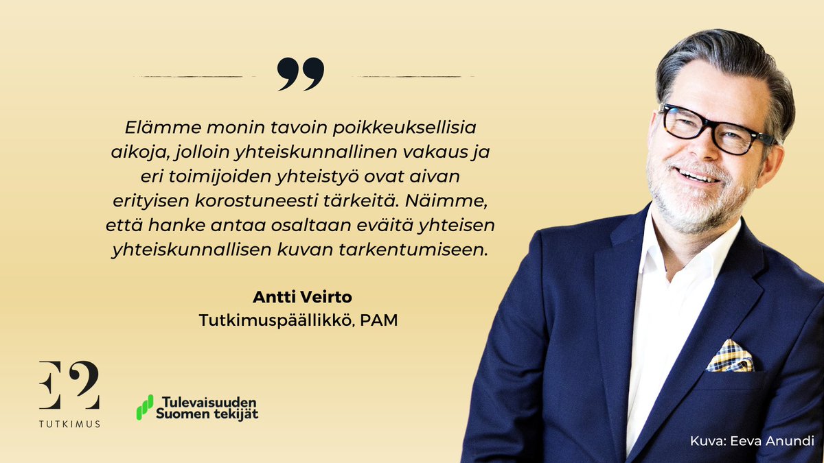 Meillä <a href="/e2_tutkimus/">E2 Tutkimus</a> on ilo toteuttaa #TulevaisuudeSuomenTekijät -hanketta laajan konsortion kanssa. Halusimme tutustua kumppaneihimme paremmin ja kysyimme, mikä sai mukaan hankkeeseen.

Uusi täydentyvä juttusarja kertoo, mitä <a href="/pamliitto/">Palvelualojen ammattiliitto PAM ry</a> ja muut vastaavat: bit.ly/42HyoUU