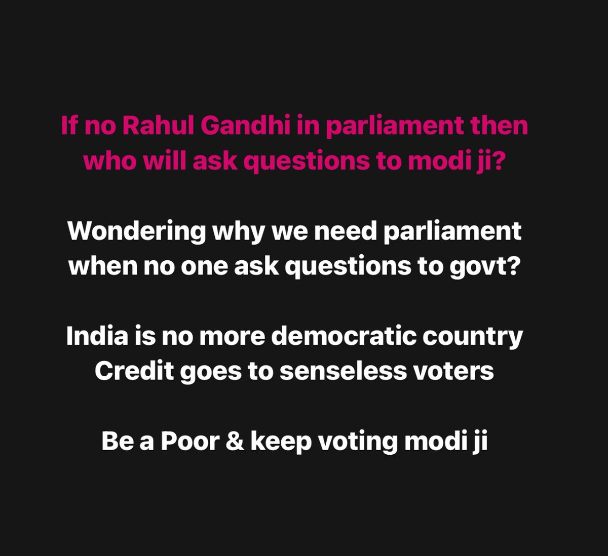 hoorsheikh_fiza's tweet photo. I would like to suggest #RahulGandhi stop talk about indian issues & suffering
Lets #Adanj #Modi ji etc do corruption
Don't speak on High GST,High unemployment,High inflation, less GDP, economy & China
Lets India become undemocratic nation
Keep voting B teams of #BJP & BJP https://t.co/esNbwGw4Vu