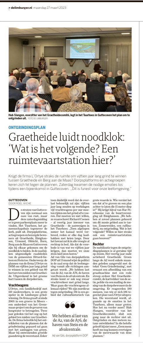 GraetheideGroen's tweet photo. Helder verhaal in @delimburger Bewoners uit hele omgeving willen versterking groene Graetheide en daar past 15 jaar grindwinning niet bij. Raadsleden weten nu: draagvlak voor  ontgrindingen is er niet! https://t.co/OLL4fRahnh