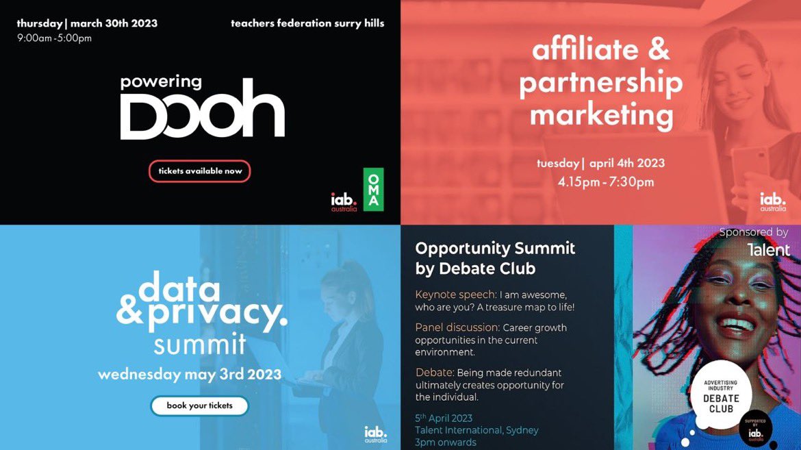 Gai Le Roy (@gaileroy) on Twitter photo In the next 6 weeks we have 4 must attend industry events for <a href="/IABAustralia/">IAB Australia</a> members. Ensure you are across prDOOH trends, affiliate marketing, data & privacy changes as well as be inspired & entertained at the Opportunity Summit from the Debate Club. iabaustralia.com.au/events-and-tra⦠In the next 6 weeks we have 4 must attend industry events for <a href="/IABAustralia/">IAB Australia</a> members. Ensure you are across prDOOH trends, affiliate marketing, data & privacy changes as well as be inspired & entertained at the Opportunity Summit from the Debate Club. iabaustralia.com.au/events-and-traā¦
