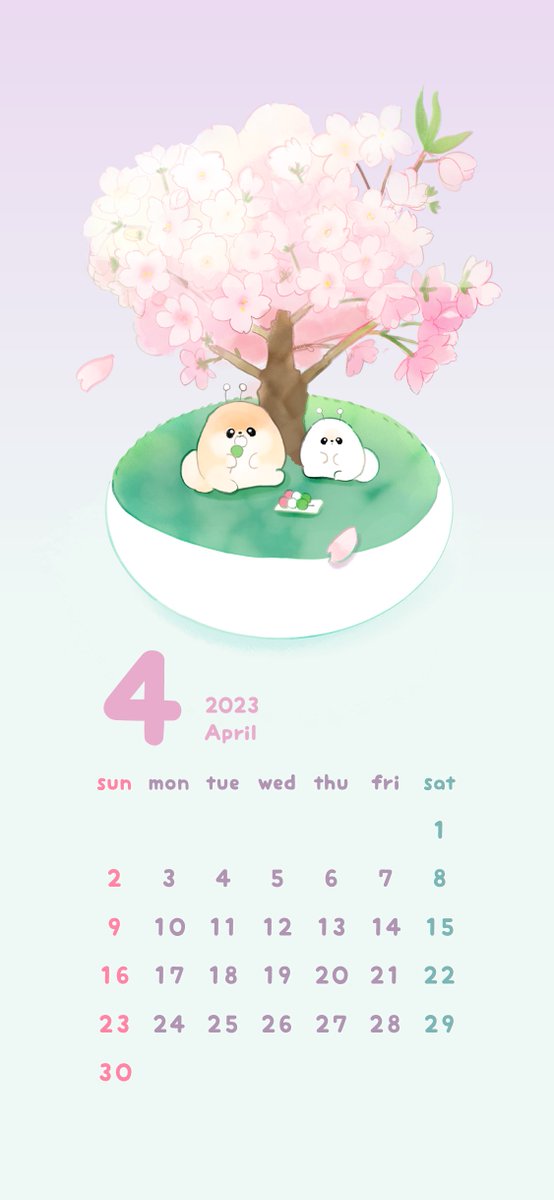 「4月の壁紙&カレンダー今年は桜が咲くのが早かったですね꒰ ՞•ﻌ•՞ ꒱ 」|ぽこ┊ぽぽちの飼い主のイラスト