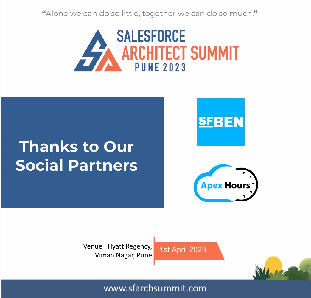 Big thanks to our amazing social partners @SalesforceBen and @ApexHours for their invaluable support in spreading the word about the Salesforce Architect Summit. Excellent exemplary of how the community collaborates together to help each other grow. #SAS23 #sfarchsummit23 #CTA