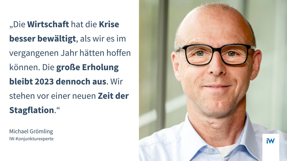 iw_koeln's tweet photo. Hohe #Preise, gestiegenes Zinsniveau und geopolitische Unsicherheit bilden eine neue Normalität in #Deutschland und belasten den Aufschwung. 2023 wird die #Wirtschaft nur um 0,25 Prozent wachsen, zeigt die neue IW-#Konjunkturprognose.
https://t.co/C3Nj4cbZo1 https://t.co/zW4AOrttmS