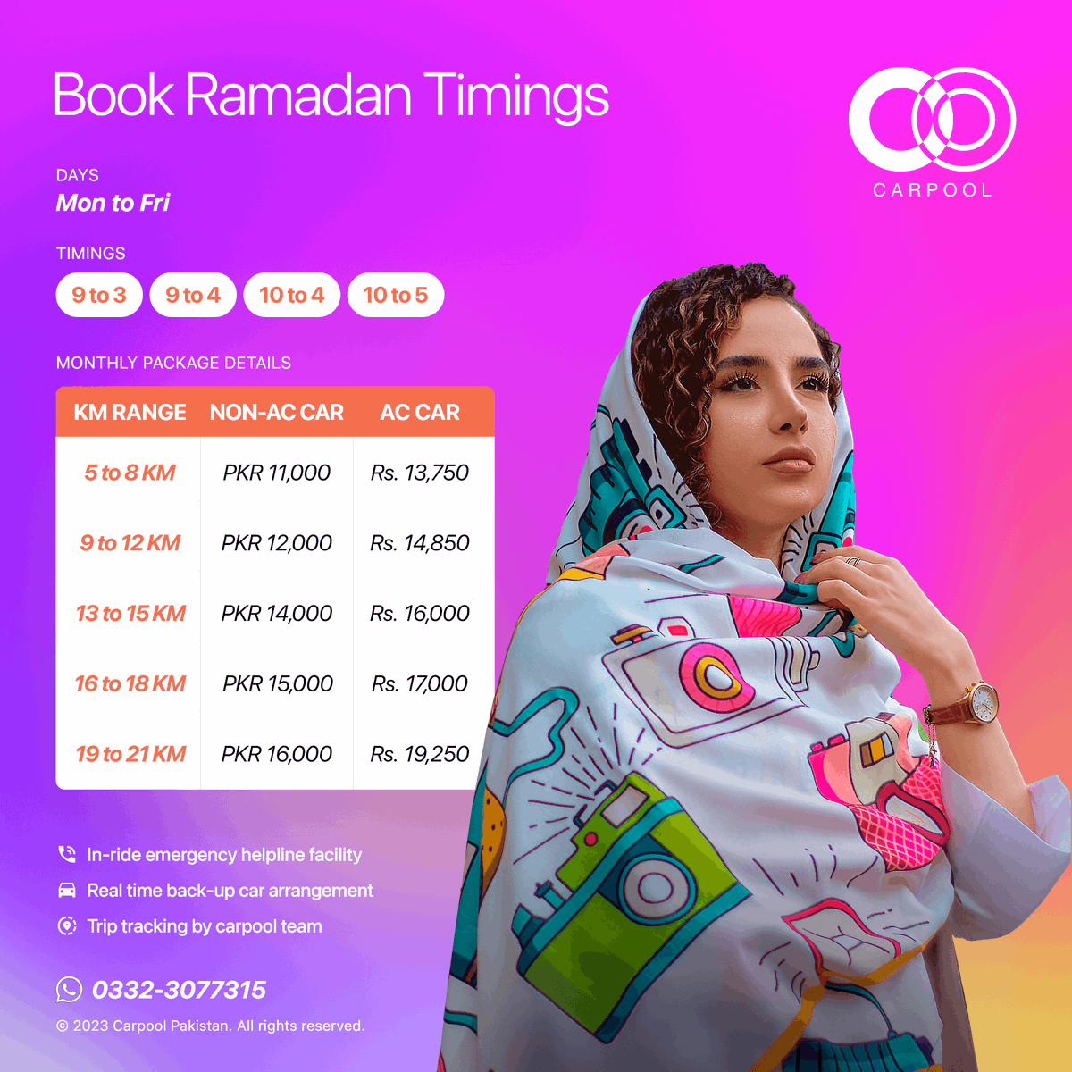 carpoolpakistan's tweet photo. 🌙 Book your Ramadan Carpool Now!
🚗 AC & Non-AC Options Available!
🗓️ Monday to Friday:
9 am to 3 pm
9 am to 4 pm
10 am to 4 pm
10 am to 5 pm
#Ramadan2023 #carpoolforbusiness #pickanddrop #carpooling #carpoolkarachi #rideshare #ridesharing #RamadanKareem #carpoolpakistan https://t.co/uk1QRo2P2q
