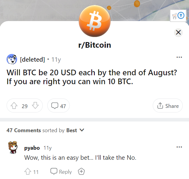 IgorPauer's tweet photo. Do you think the value of BTC could be a whopping $20 by the end of August? If you guess correctly, you could win 10 BTC. As you can see in the attached image,11 years ago user pyabo was convinced that such a situation could not happen. Do you think you https://t.co/0zdxLZ1kr6