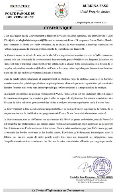 Burkina / Le Capitaine Traoré fait suspendre la diffusion de France 24