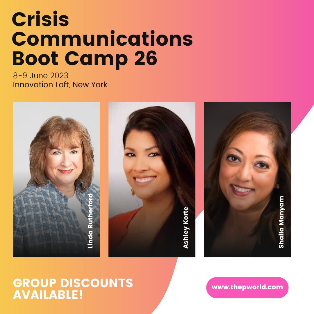 ThePWorld's tweet photo. 📢Get your ticket for the Crisis #Communications Boot Camp in #NewYork and test your #crisis plan with Linda Rutherford (Southwest Airlines), Ashley Korte (Equifax) and Shaila Manyam (BCW Global).
Early-bird tickets are available here
👇
https://t.co/gSXo0sY0TI
#ccbc26 https://t.co/x0Tel0v0Ap