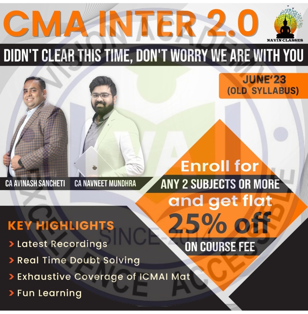 cavisionacademy's tweet image. #CMAInter #Videolectures #Discountoffer #lowestprice #navinclass
Didn't Clear This Time , Don't Worry We are with you ✅
BUY NOW GET FREE FAST DELIVERY 👇
🌐 CAVISIONACADEMY.COM
ANY QUERIES CONTACT
📱8446 942 108