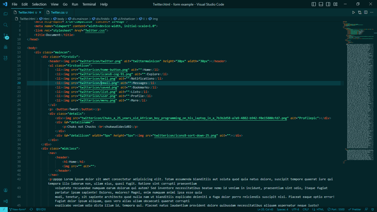Chuks_D_O's tweet photo. This week begins with a challenge. My learning colleagues suggested we put our HTML and CSS skills to the test. As a result, we decided to create a Twitter homepage display. I started mine yesterday and hope to finish it before the weekend. #My3rdWeek.. https://t.co/YVm2YBy7jC