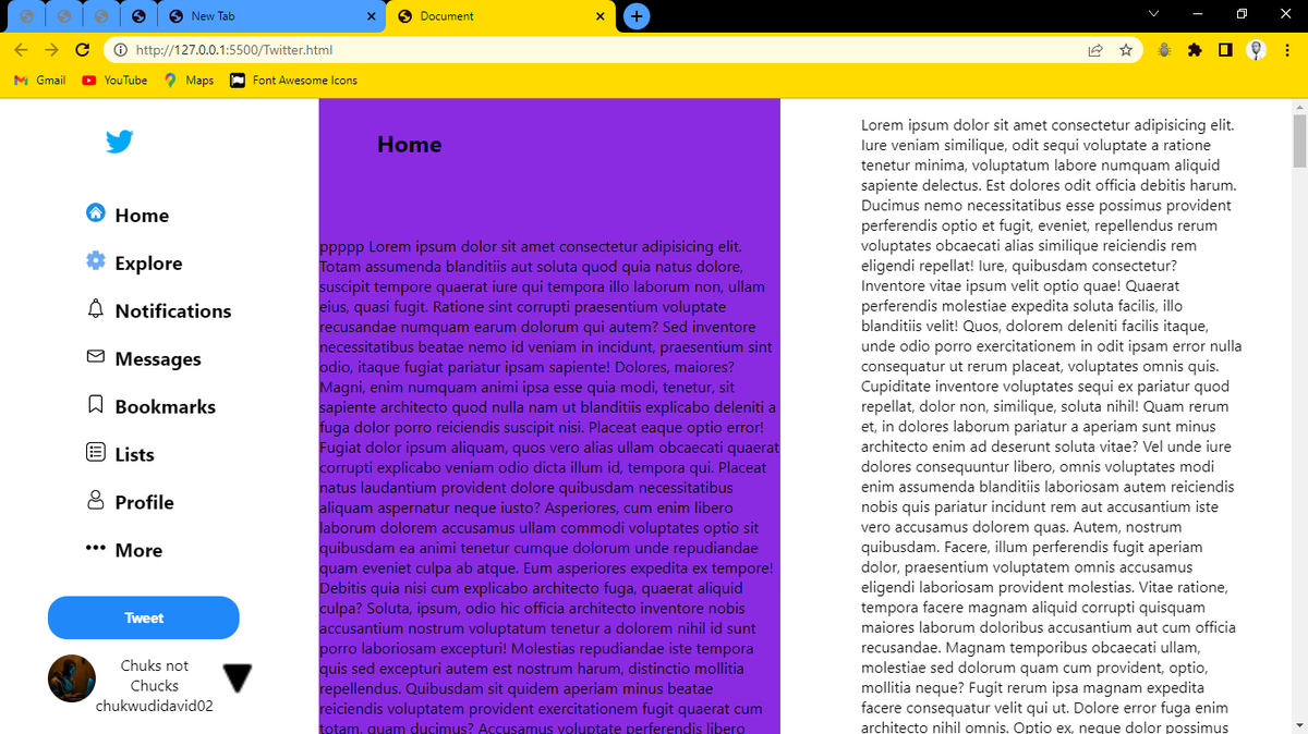 Chuks_D_O's tweet photo. This week begins with a challenge. My learning colleagues suggested we put our HTML and CSS skills to the test. As a result, we decided to create a Twitter homepage display. I started mine yesterday and hope to finish it before the weekend. #My3rdWeek.. https://t.co/YVm2YBy7jC