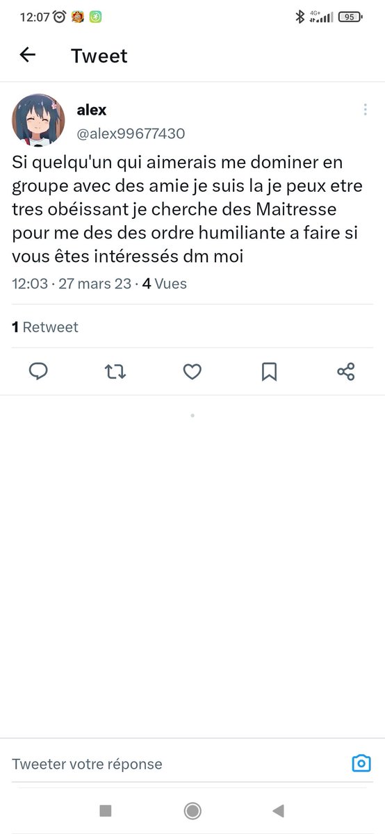 Bonjour a toutes!
J'ai été contactée par <a href="/alex99677430/">toutou de momo</a> qui m'a demandé de le soumettre.
Malheureusement étant totalement soumise à maître <a href="/narutorp__/">Narutorp__</a> je ne le ferai pas.
Si l'une d'entre vous souhaite s'amuser avec lui n'hésitez pas les chéries ❤️❤️