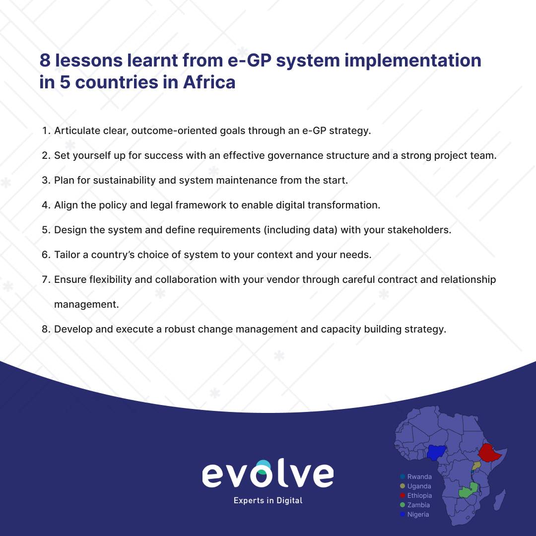 Here is a quick summary of the lessons learnt on e-GP implementation in Africa. A report that Evolve co-created with @opencontracting #egp #africa #lessonslearnt #publicprocurement #rwot