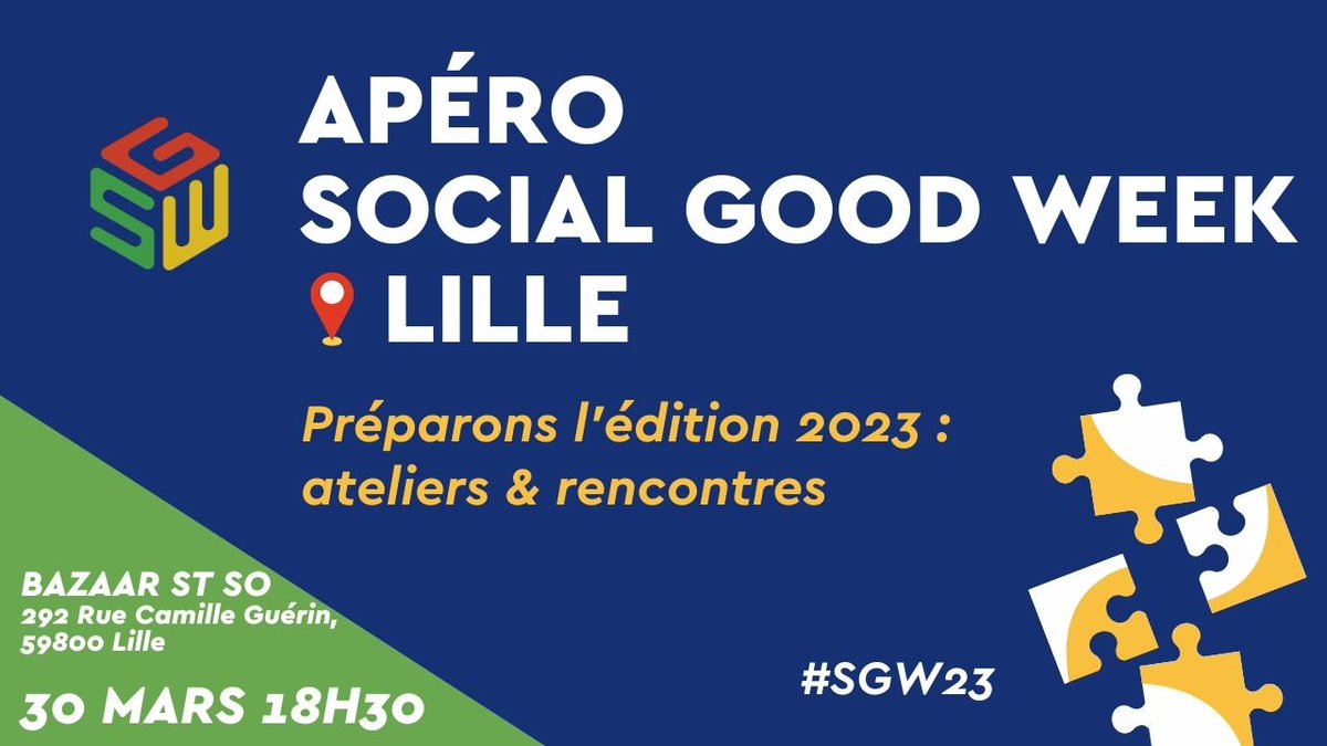 📣 Vous êtes acteurs de l'#ESS numérique, de la #SocialTech ou du #numérique #inclusif à Lille ?Rejoignez-nous le jeudi 30 mars dès 18h30 pour un apéro #SocialGoodWeek 2023 au Bazaar St-So 
👉 Accès gratuit, merci de confirmer votre présence : bit.ly/3ZNhaD
#SGW23