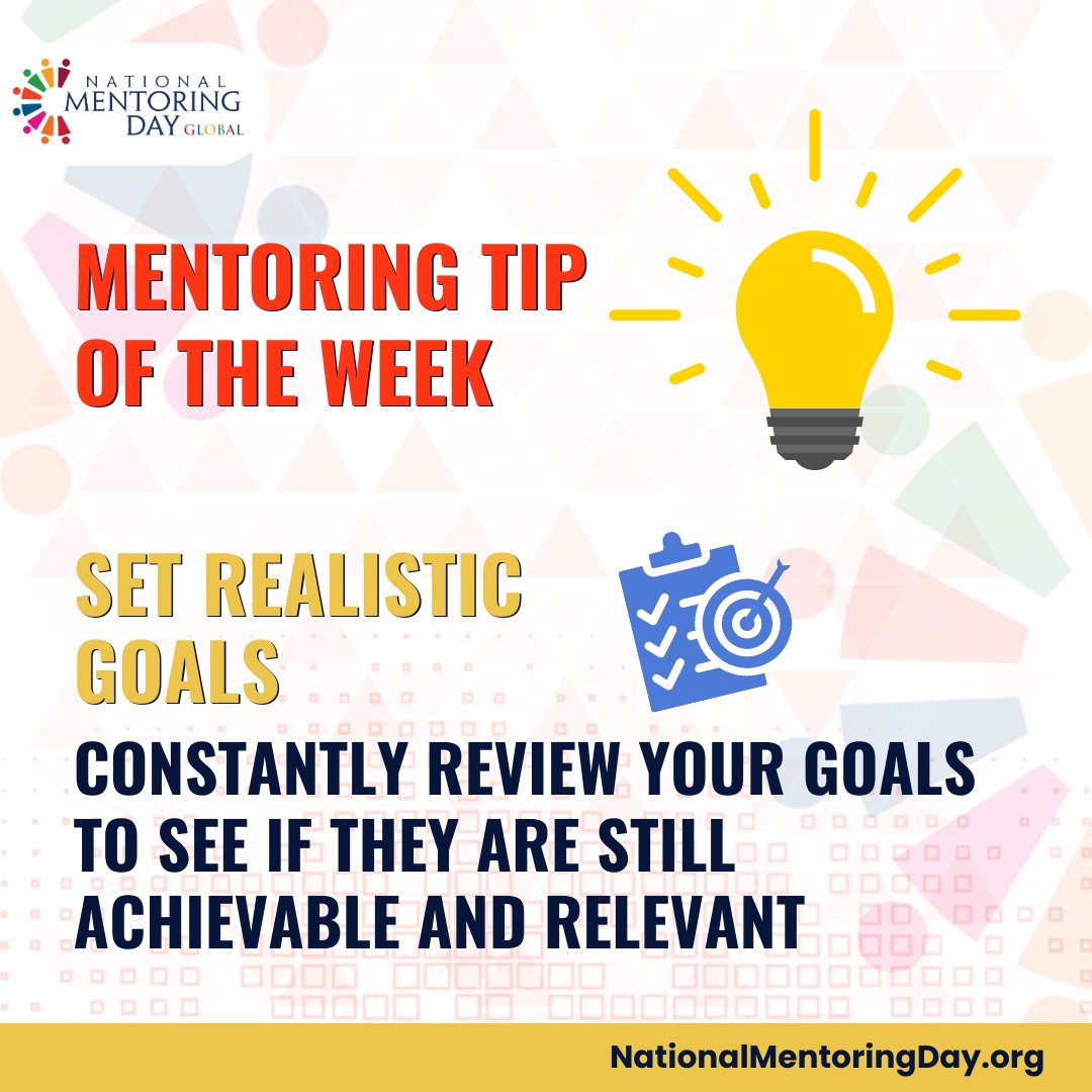 NMDglobal's tweet photo. Set Goals and Make a Plan. Take the time to set realistic goals for yourself and your mentee. Discuss these goals and create an actionable plan to achieve them. Make sure to follow up regularly on progress, review and adjust where necessary to ensure #success.
#mentoringtip https://t.co/E6RnrsyOrD
