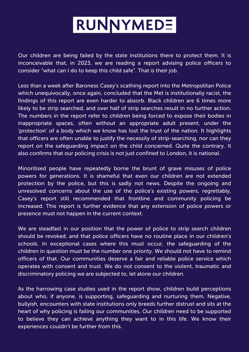 RunnymedeTrust's tweet photo. We are steadfast in our position that the power of police to strip search children should be revoked

We do not consent to the violent, traumatic and discriminatory policing we are subjected to, let alone our children https://t.co/xJOuK0FCmt