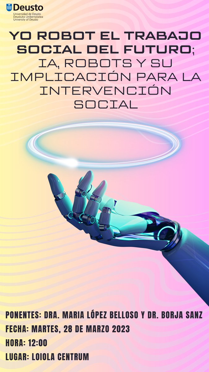 🤖 En marzo celebramos el día mundial del #TrabajoSocial, y por ello mañana organizamos la jornada 'Yo #Robot – El trabajo social del #futuro. IA, robots y su implicación para la intervención social'.

¡No te lo pierdas!

📅 28/03/2023
⌚ 12.00h
📍 Loiola Centrum, Donostia