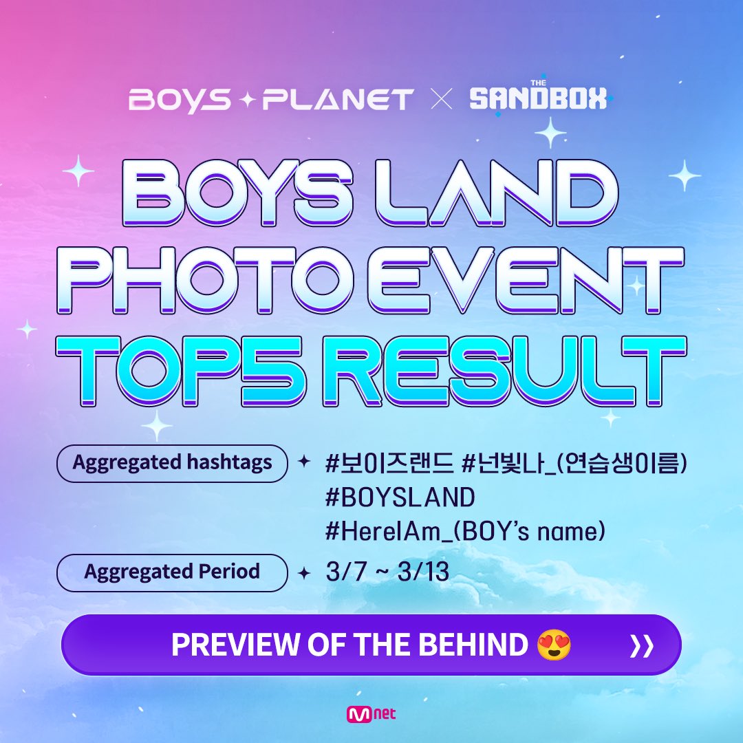 _mnetplanet's tweet photo. #BOYSLAND Unreleased Selfie Event Result

Unlock exclusive selfies of the top 5 BOYS with the most Twitter hashtags on #TheSandbox 😍

👇Check them here👇
https://t.co/2ybokFU5Au

‼ Complete the HARMONY quest in BOYS LAND to view the selfies.

#BoysPlanet #Mnet @TheSandboxGame https://t.co/U2mOYsf9EP