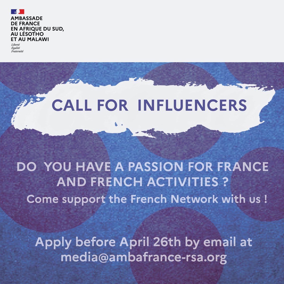 Are you a content creator, or a digital storyteller? Join us now !

The French Embassy is looking for new digital partners and content creators to attend events and promote the activities of the French network.

Apply here : za.ambafrance.org/Call-for-influ…

#globalconnection #joinusnow