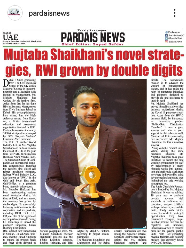 Gulfoflex's tweet photo. CEO of the Year "MUJTABA SHAIKHANI" from Rubber World Industry LLC by CBNME Awards 2023.

#cbnmeawards#hvacr https://t.co/qwc29S2iTO