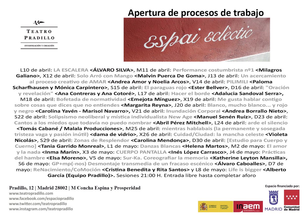 El sábado 15/04 participo con ‘El paraguas rojo’ (película documental hablada) en Teatro Pradillo dentro del marco ‘Apertura de procesos de trabajo’ dedicado a la exploración y experiementacion de las Artes vivas. 21h, entrada libre.