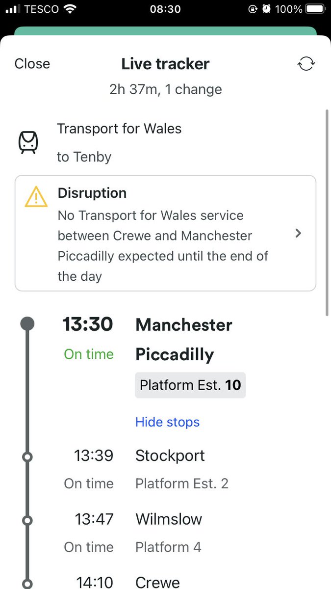 deguchitouko's tweet photo. @tfwrail is this journey starting at Manchester or not? the warning says no services until the end of the day but this journey says on time? I need to know whether I need to get a different train to Crewe so I can catch my connecting train https://t.co/tLAhDLP0YB