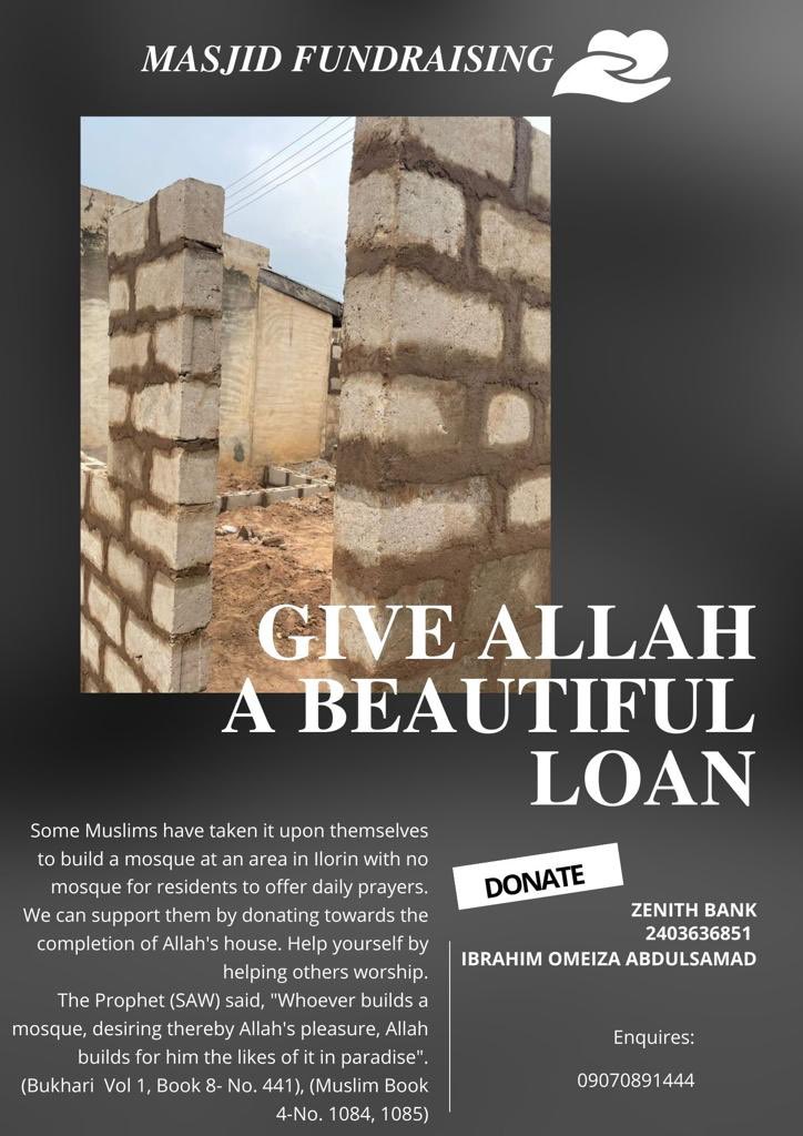 hisquare's tweet photo. Building a mosque helps us spread our deen in this world and brings not only ourselves closer to Allah (SWT) but everyone who enters the mosque as well. Let’s contribute to this ongoing mosque project. 

Zenith bank
2403636851
Ibrahim Omeiza Abdulsamad https://t.co/YOIYLnlpha