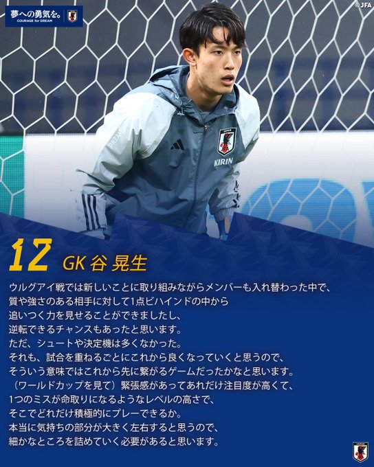 🔹#SAMURAIBLUE🔹【2023.3.26 練習後コメント✍️】  🔹12 GK #谷晃生 🔹#キリンチャレンジカ