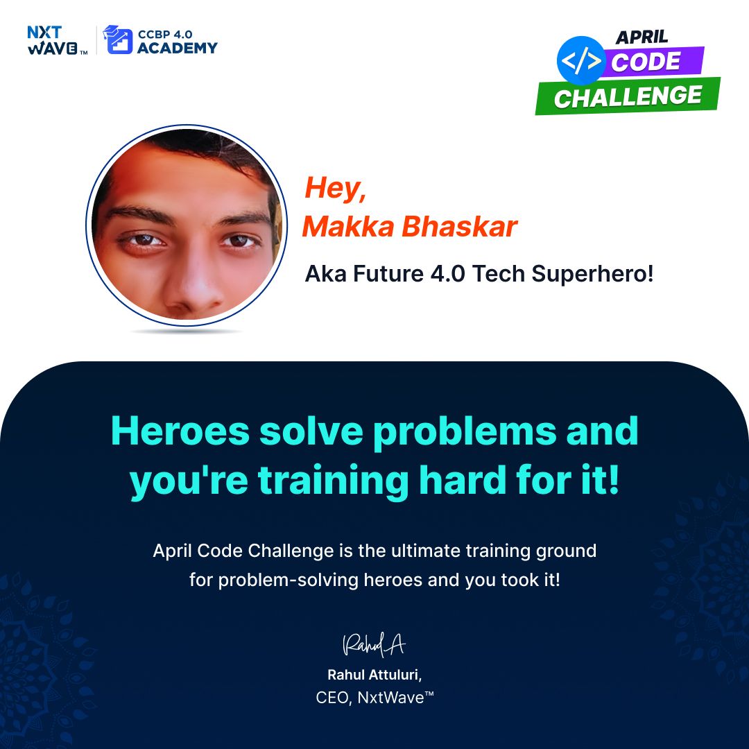Bhaskarm14N's tweet photo. Hey Bhaskar! 
🗣️ *Make some noise and show off your skills!*

 *April Code Challenge!*_

🔥 *Coding is all about problem-solving and creativity, so let's showcase what we're made of!* 💪

🏆 Let's Code hard, win BIG!
@sashankreddy07 @rahulattuluri #nxtwave 
@nxtwave_tech #coding https://t.co/Mgk2NOdnPi