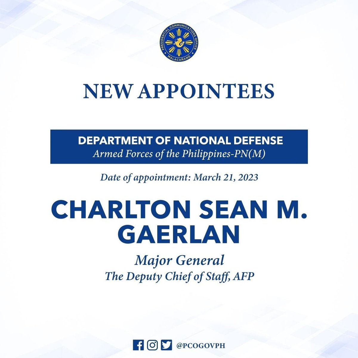 JUST IN: President Marcos names Major General Charlton Sean Gaerlan as the new AFP Deputy Chief of Staff. 

Gaerlan served as Philippine Marine Corps commandant and head of the AFP Education, Training, and Doctrine Command. (📸 PCO) <a href="/manilabulletin/">Manila Bulletin News</a>