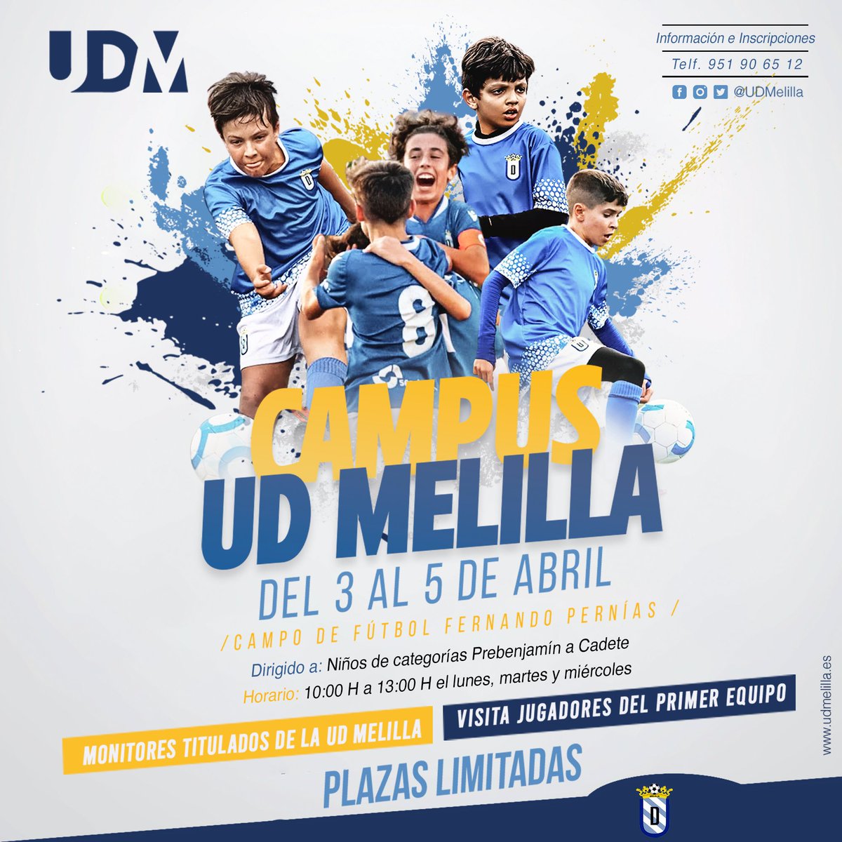 UDMelilla's tweet photo. ⚽️👦🏻 𝐈 𝐂𝐀𝐌𝐏𝐔𝐒 𝐔𝐃 𝐌𝐄𝐋𝐈𝐋𝐋𝐀

El club organiza su primer campus de tecnificación dirigido a jugadores de la @canteraudm 

🗓️ Del 3 al 5 de abril.

⌚️ De 10:00 a 13:00 h.

🏟️ Fernando Pernías.

ℹ️ https://t.co/qmZzWBw0BA https://t.co/FTwtfLJmR9