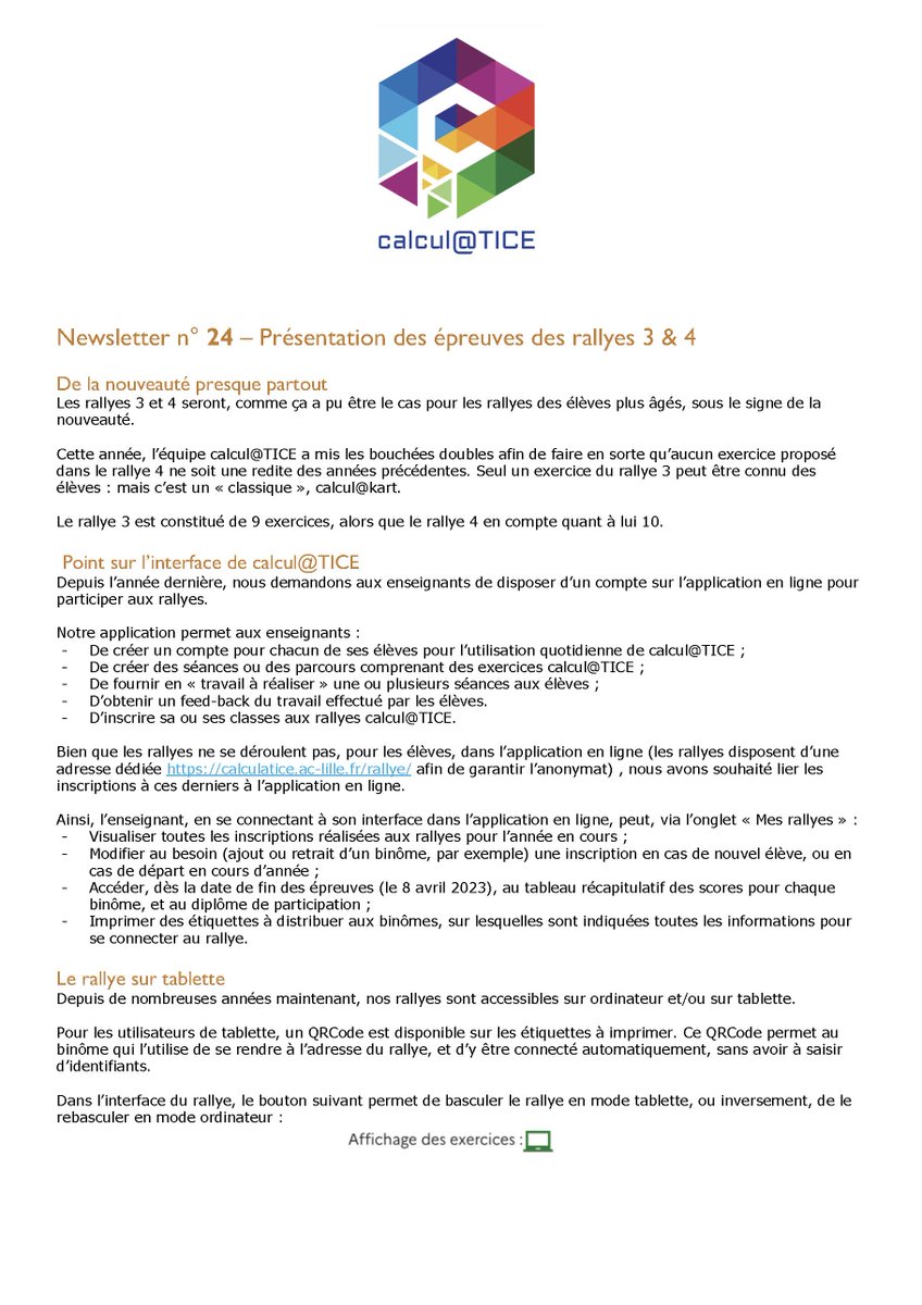 calcul_TICE's tweet photo. 📌Newsletter Calcul@TICE n°24 
Présentation des rallyes 3 (CE2) et 4 (CM1). Ces rallyes démarrent ce lundi 27 mars, et se terminent le 8 avril.
https://t.co/zxUm0GGJjr https://t.co/OQpRC4Pzfa