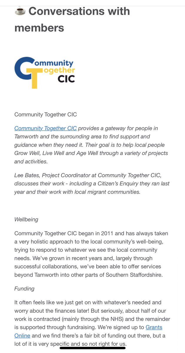 TogetherCIC's tweet photo. We’ve been involved with the #ConnectionCoalition @JoCoxFoundation for over a year.

We were pleased to be featured this month in ‘Conversations with Members’  recent news letter written by the brilliant @Revans78 thank you 🙏 https://t.co/fboB2XhhtA