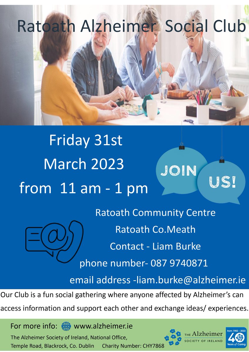 thevenueratoath's tweet photo. Join our Ratoath Alzheimer Social Club on Friday the 31st of March from 11am-1pm at Ratoath Community centre.

Contact Liam Burke at 0879740871 or liam.burke@alzheimer.ie for more information.
#DementiaSupports #Ratoath #CommunityCentre #alzheimersupport https://t.co/QmYYqRORnz